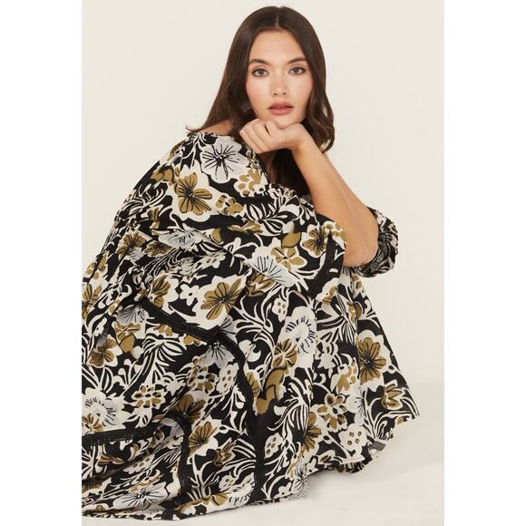 NWT Free People Dixie Floral Maxi Dress Black White Gold S 100% Cotton Boho Fall - Picture 2 of 10